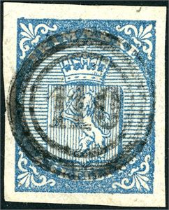 1. 4 skilling våpen 1855, anert med nummerstempel "110" (Henningsvær, NO, 5 pkt). Gode- til normale marger.