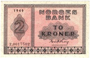 2 kroner 1949 Z.0017502 erstatningsseddel. Kv.0