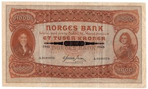 1000 kroner 1945 A.0198978. Kv.1/1+