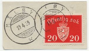 Hjelpestempel MÅLØY (SF) HJ-SA 19 4 39 på klipp med TjM 33. Pene avtrykk. 4 uker maks. brukstid.