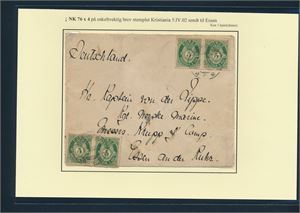 Nk 76 x4 på brev stemplet "KRISTIANIA 5 IV 02" til Essen, Tyskland