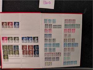 GB Machins i 16 siders bok. Vanlige, landsdelsmerker, sammentrykk og blokker. Noe dublisert, verdier opp til £5