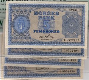 5 kroner 1952 I.8572493-96 i serie. Kv.0/01